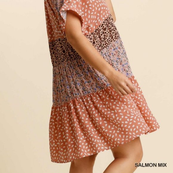 RESTOCKED Umgee Plus Salmon Mix Print Boho Dress - Picture 3 of 6